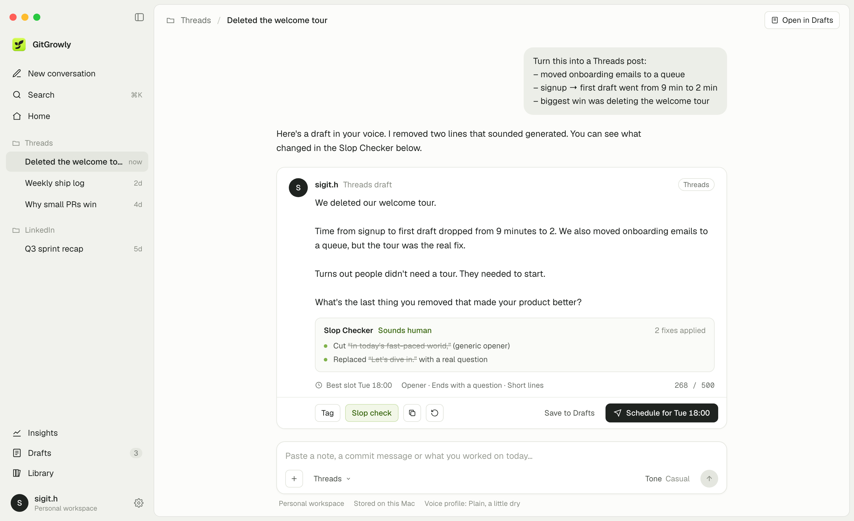 GitGrowly turning a work note into a Threads draft, with the Slop Checker showing two fixes